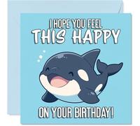 Playful Birthday Card - Overflowing with Birthday Joy - Cheerful Blue Whale Illustration Beaming with Happiness - 145mm Square, Envelope Included