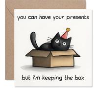 Playful Birthday Card - Party Hat Cat Claims the Box - Humorous Illustration with Witty Caption - Guaranteed to Amuse Feline Fans - 145mm Square, Envelope Included