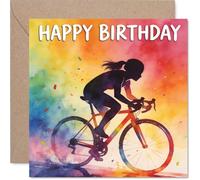 Playful Birthday Card - Ride into a Colourful Year - Vibrant Watercolour Cyclist Design Bursts with Energy - 145mm Square, Envelope Included