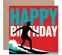 Playful Birthday Card - Ride the Wave into Another Year - Surfer Silhouette on Bold Red Backdrop - for Those Who Love a Bit of Adventure - 145mm Square, Envelope Included