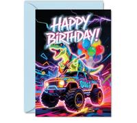 Playful Birthday Card, Roaring Good Fun | Neon T. Rex Shreds Guitar on a Monster Truck with Balloons, Graffiti Party Energy for Their Big Day, A5, Envelope Included