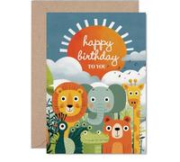 Playful Birthday Card, Safari Animals Gather for Birthday Cheer | Bright Sun and Cartoon Jungle Scene, Ideal for Animal-loving Kids, A5, Envelope Included