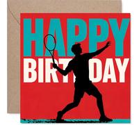 Playful Birthday Card - Serve Up Birthday Cheers - Bold Tennis Player Silhouette on Lively Red - Ideal for Sports Fans Ready to Celebrate - 145mm Square, Envelope Included