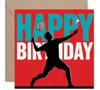 Playful Birthday Card - Serve Up Birthday Cheers - Energetic Badminton Player Silhouette on Vibrant Colours - Great for Sporty Types - 145mm Square, Envelope Included
