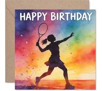 Playful Birthday Card - Serve Up Birthday Cheers - Vibrant Tennis Player Silhouette on a Multicolour Splash - 145mm Square, Envelope Included