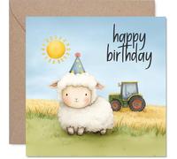 Playful Birthday Card - Sheepish Giggles for Their Big Day - Cute Sheep in a Party Hat with Sunny Tractor Scene - 145mm Square, Envelope Included