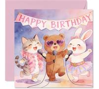Playful Birthday Card - Sing-along Party Vibes - Watercolour Cat, Bear and Rabbit Belting Out Tunes under a Birthday Banner - 145mm Square, Envelope Included