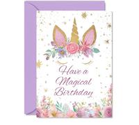 Playful Birthday Card - Sprinkle Some Birthday Magic - Whimsical Unicorn with Floral Crown and Sparkling Gold Accents - Cheerful and Enchanting Design - 5X7 Inch, Envelope Included