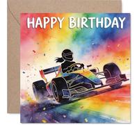Playful Birthday Card - Start Their Birthday with a Burst of Colour - Rainbow Racing Car Silhouette on a Vibrant Backdrop - 145mm Square, Envelope Included