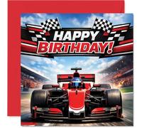 Playful Birthday Card - Start Your Engines - Dynamic Race Car with Checkered Flags - Perfect for Speed Lovers and Birthday Thrills - 145mm Square, Envelope Included