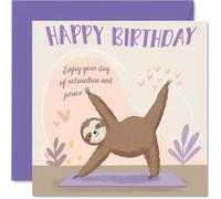 Playful Birthday Card - Stretch Out and Relax - Playful Sloth Doing Yoga on a Dreamy Purple Pastel Backdrop - Ideal for Lovers of Calm Vibes - 145mm Square, Envelope Included