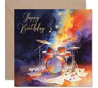 Playful Birthday Card - Strike Up the Celebration - Vibrant Drum Kit and Musical Notes in Lively Watercolour - 145mm Square, Envelope Included