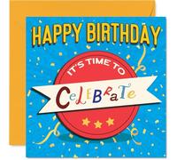 Playful Birthday Card - Time to Celebrate in Style - Colourful Confetti Bursts on Vibrant Blue - Brings a Real Party Mood to Any Birthday - 145mm Square, Envelope Included