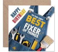 Playful Birthday Card - to the Very Best Fixer of Things - Denim Overalls with Tools Design - Perfect for Your Favourite DIY Whizz - 145mm Square, Envelope Included