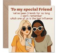 Playful Birthday Card - Which One's the Bad Influence? - Quirky Friends in Sunglasses, Retro Beige and Orange Design - Perfect for Sharing a Laugh - 145mm Square, Envelope Included