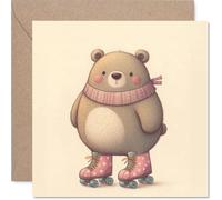 Playful Birthday Card - Whimsical Bear on Roller Skates Brings the Fun - Cheerful Pastel Illustration - Charming Way to Celebrate in Style - 145mm Square, Envelope Included