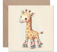 Playful Birthday Card - Whimsical Birthday Cheer - Giraffe on Roller Skates in Soft Pastel Hues - Guaranteed to Raise a Smile - 145mm Square, Envelope Included