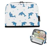 Playful Blue Dolphins Stars White Zipper Pencil Pouch Large Pencils Case Pencil Bags Storage Cute Pen Marker Bag for Girls Animal College Preppy School Office Supplies