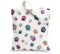 Playful Canvas Tote Bags, Artistic Paw Print Pattern Reusable Grocery Bags, Lightweight Washable Shoulder Strap Canvas Bags, White, 13x15 Inch