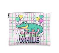 Playful Cartoon Makeup Bag, Teal Crocodile with Air-Float Balls Cosmetic Travel Pouch for Women, Fun Zipper Organizer for Spring Adventures 7x9 Inch