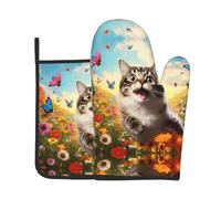 Playful cat 2-Piece Heat-Resistant Baking Set, Oven Mitt and Trivet, Essential forKitchen Cooking and Outdoor Barbecuing