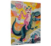 Playful Cat Dinosaur Canvas Wall Art, Peach Blue Fun Animal Print, Colorful Summer Decor for Kids Room, Playroom, Wrapped Canvas 16x20 Inch