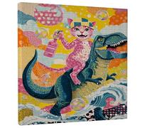 Playful Cat Dinosaur Canvas Wall Art, Peach Blue Fun Animal Print, Colorful Summer Decor for Kids Room, Playroom, Wrapped Canvas 12x12 Inch