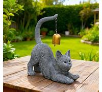 Playful Cat Figurine in Stretching Pose Featuring a Small Bell for Home Decor Resin Made for Garden or Living Room Placement (Gray)