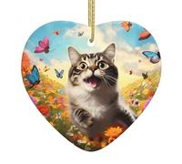 Playful cat Heart-Shaped Ceramic Pendant Printed Ceramic Pendant Suitable for Hanging on windowsills or fireplaces