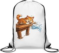 Playful Cat Knocking Over Glass Gym Sack Casual Drawstring Bag White