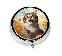 Playful cat This Small, Printed, Round Pill Box is a Portable Pill and Vitamin Organizer Perfect for Pockets, Purses, and Travel.