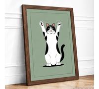 Playful Cat with Paws Up Framed Wall Art Print A1 Walnut