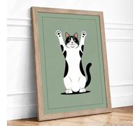 Playful Cat with Paws Up Framed Wall Art Print A3 Oak