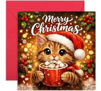 Playful Christmas Card for Cat Lovers, Whiskered Joy Gift, Merry Kitty Design, for Husband Wife Mum Dad Brother Sister, Blank Inside with Envelope