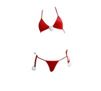 Playful Christmas Lingerie Set Red Velvet Bikini with Adjustable Straps and Playful Pom Pom Back Detail