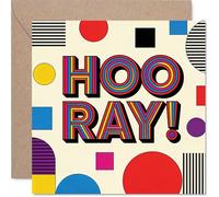 Playful Congratulations Card - Big Festive Cheers - Bold Geometric Shapes and Vibrant 'HOO RAY!' Design - Adds Instant Joy to Any Celebration - 145mm Square, Envelope Included