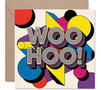 Playful Congratulations Card - Bursting with Excitement - Bold Geometric Shapes in Vibrant Colours and Playful 'WOO HOO!' Text - 145mm Square, Envelope Included