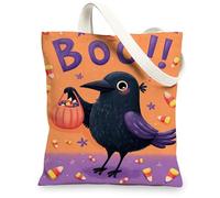Playful Crow Canvas Tote Bags, Cute Halloween Design Reusable Grocery Bags, Lightweight Washable Shoulder Strap Canvas Bags for Shopping Travel Beach 13x15 Inch