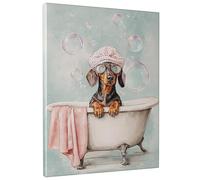 Playful Dachshund Bath Canvas Wall Art, Fanciful Peach Bubbles Decor, Fun Dog Wall Art for Living Room, Bathroom, Kids Room, Home Aesthetic Decor 12x16 Inch