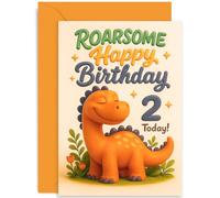 Playful Dinosaur 2nd Birthday Card for Child, Roarsome 2 Today Gift, Fun Dinosaur Design, Age 2, Blank Inside with Envelope