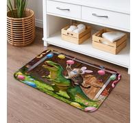 Playful Dinosaur Bath Mat, Fanciful Kitty Riding Green Dino, Easter Themed Absorbent Non Slip Shower Rug for Bathroom Decor 20x32 Inch