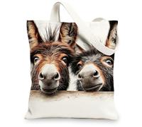 Playful Donkey Canvas Tote Bags, Cute Animal Pattern Reusable Grocery Bags, Lightweight Washable Shoulder Strap Canvas Bags, White, 13x15 Inch