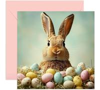 Playful Easter Greeting Card - Bunny Sitting on a Stack of Easter Eggs - Whimsical Gift for Children or Family - Blank Inside with Envelope