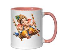 Playful Elephant God on Floral Swing Ceramic Tea Coffee Mug Pink