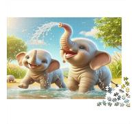 Playful Elephants Jigsaw Puzzle Water Play 1000 Pieces Recycled Paper Adults Jigsaws Impossible Difficult Challenge Brain Thinking Family Game Gift 70x50cm/1000pcs