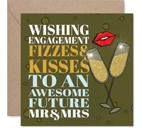 Playful Engagement Card - Fizzing with Joy - Champagne Glasses and Kisses in Bold Gold and Jewel Tones - 145mm Square, Envelope Included