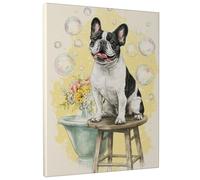 Playful French Dogs Canvas Wall Art, Black White Dog with Bubbles and Flowers, Cute Animal Decor for Living Room, Bedroom, Bathroom, Home Aesthetic 12x16 Inch