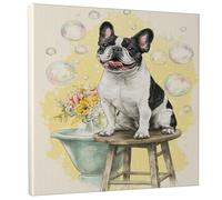 Playful French Dogs Canvas Wall Art, Black White Dog with Bubbles and Flowers, Cute Animal Decor for Living Room, Bedroom, Bathroom, Home Aesthetic 12x12 Inch