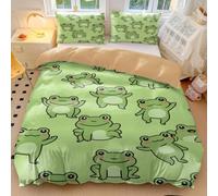 Playful Frog Bedding Set King, Cute Frog Duvet Cover Double, Cartoon Green Bedding Single, Frog Print Blanket for Women (01,Single135x200cm+65x65cm*2)