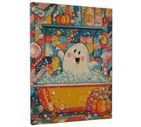 Playful Ghost Bath Canvas Wall Art, Colorful Blue Yellow Bubble Decor, Fun Home Aesthetic for Living Room, Bathroom, Kids Room, Wrapped Canvas 12x16 Inch